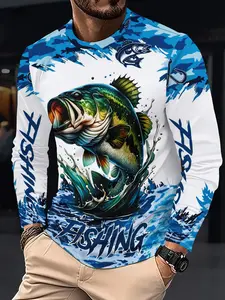 Summer Men's Lure Fishing Long Sleeve Sun Protection Shirt, Large Mouth Bass Print Blue Camo Patch, Outdoor Sea Fishing UV Blocking Round Neck Top