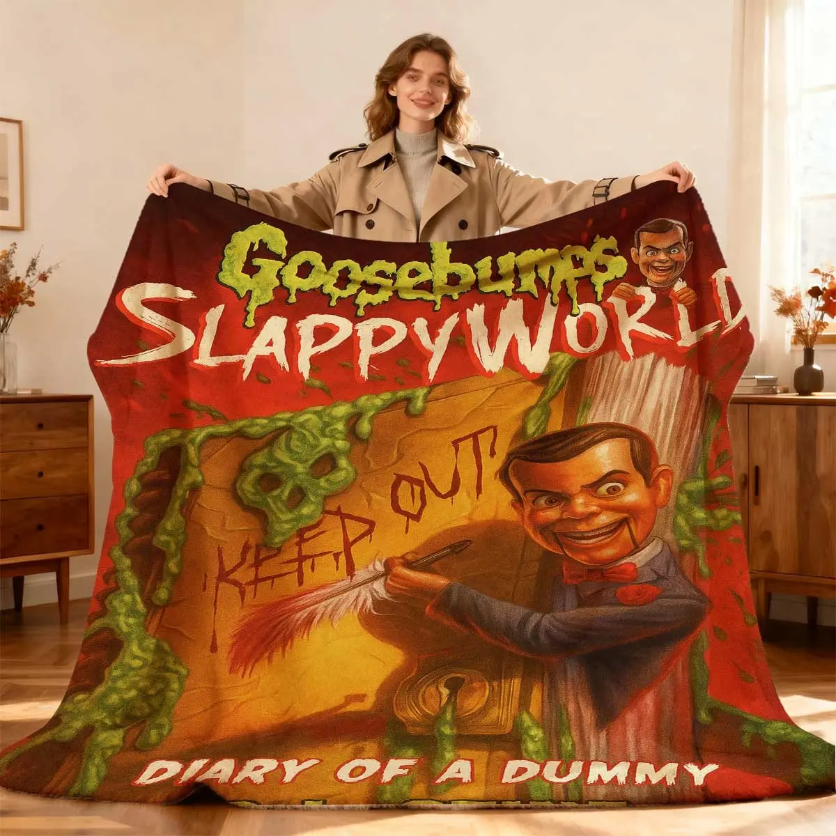 Goosebumps Slappyworld Diary of a Dummy Horror Fleece Blanket - Soft Fluffy Anti-Pilling Fleece Fabric, Couch Lounge/Sofa Decor, Retro Spooky House Decor Gift for Goosebumps Fans, All Seasons Use