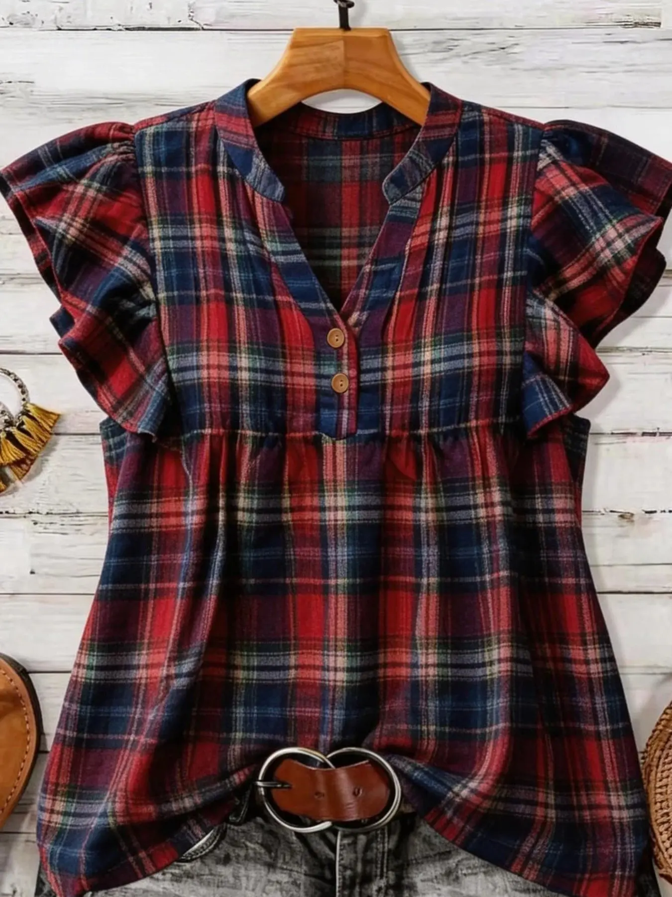 Women's New Ruffled Stripe Design Short Sleeve Plaid V-Neck Shirt, Casual Summer Slim Chic Fashion Top, Comfortable and Stylish Clothing