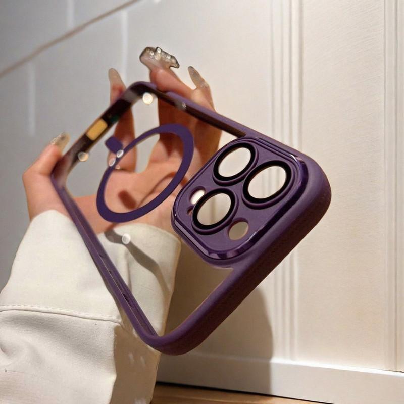 For iPhone 16 /15/14/13 metal lens magnetic phone case transparent anti drop protective cover NH10