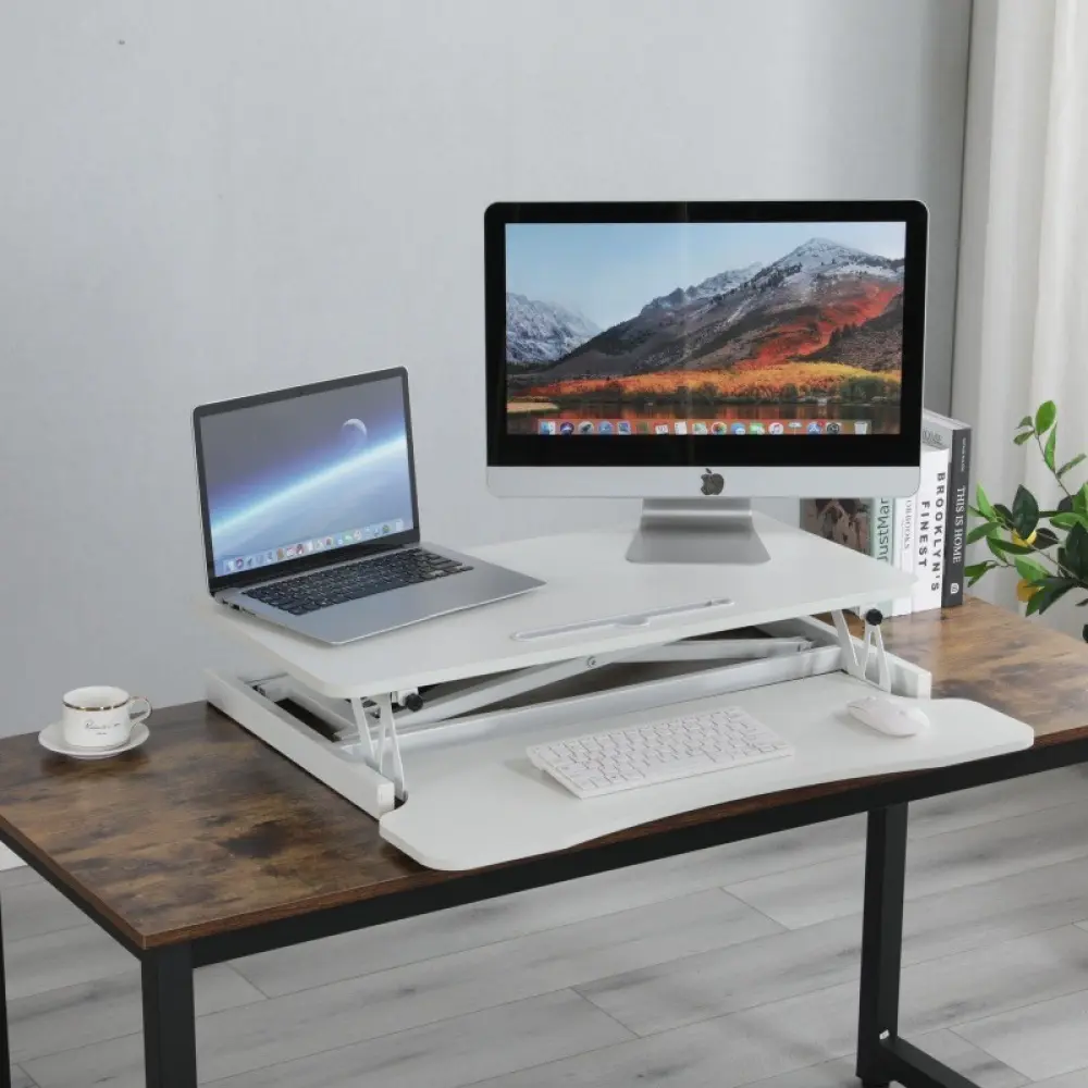 Littleox 32 Inch Desk Converter, Height Adjustable Sit to Stand Riser, Dual Monitor and Laptop Workstation with Wide Keyboard Tray, Standing Computer Desk, WHITE