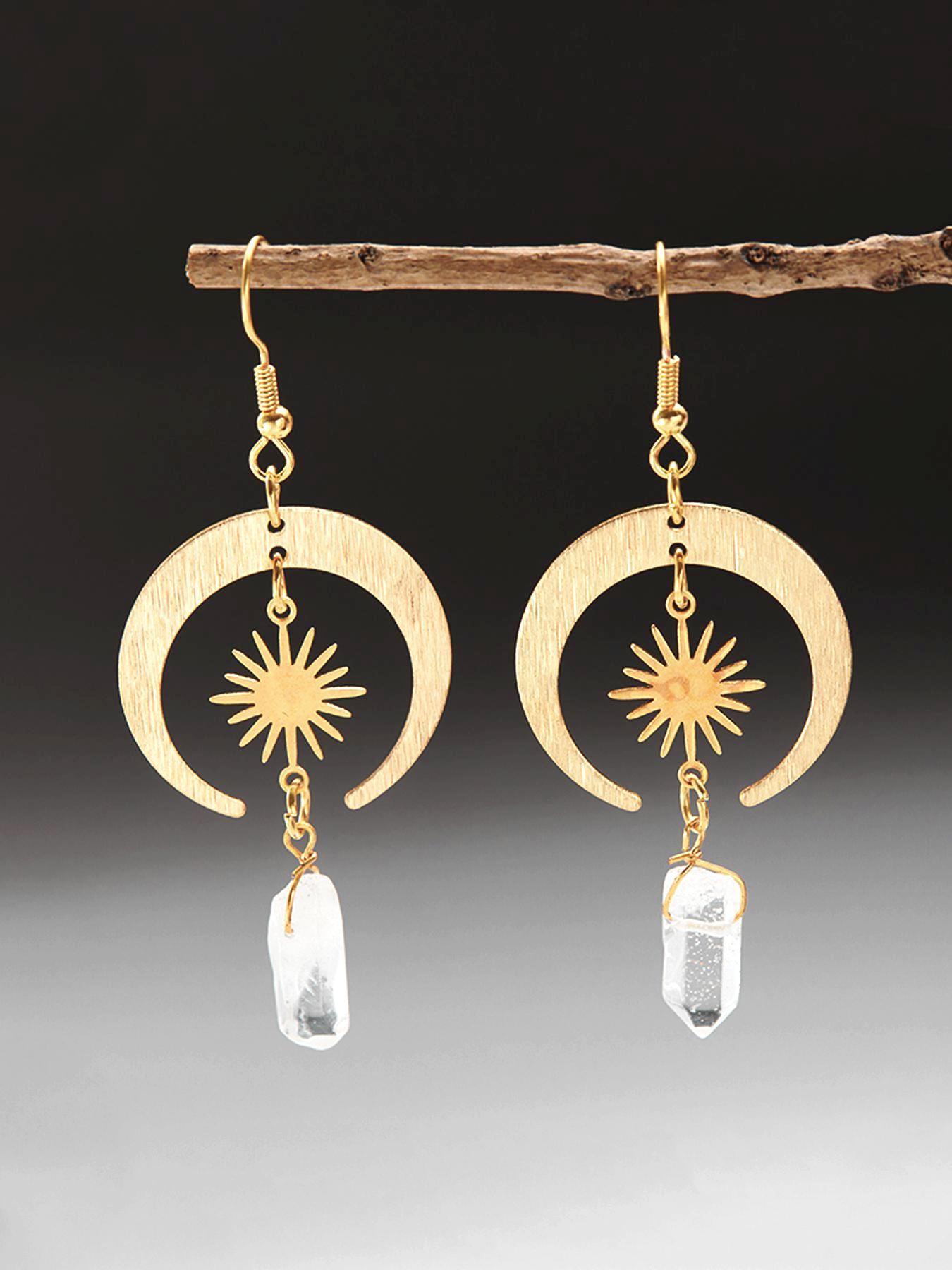 Boho Style Sun & Moon Design Dangle Earrings, Vintage Clear Stone Decor Dangle Earrings, Fashion Jewelry Accessories for Women, Trendy Jewellery Accessories