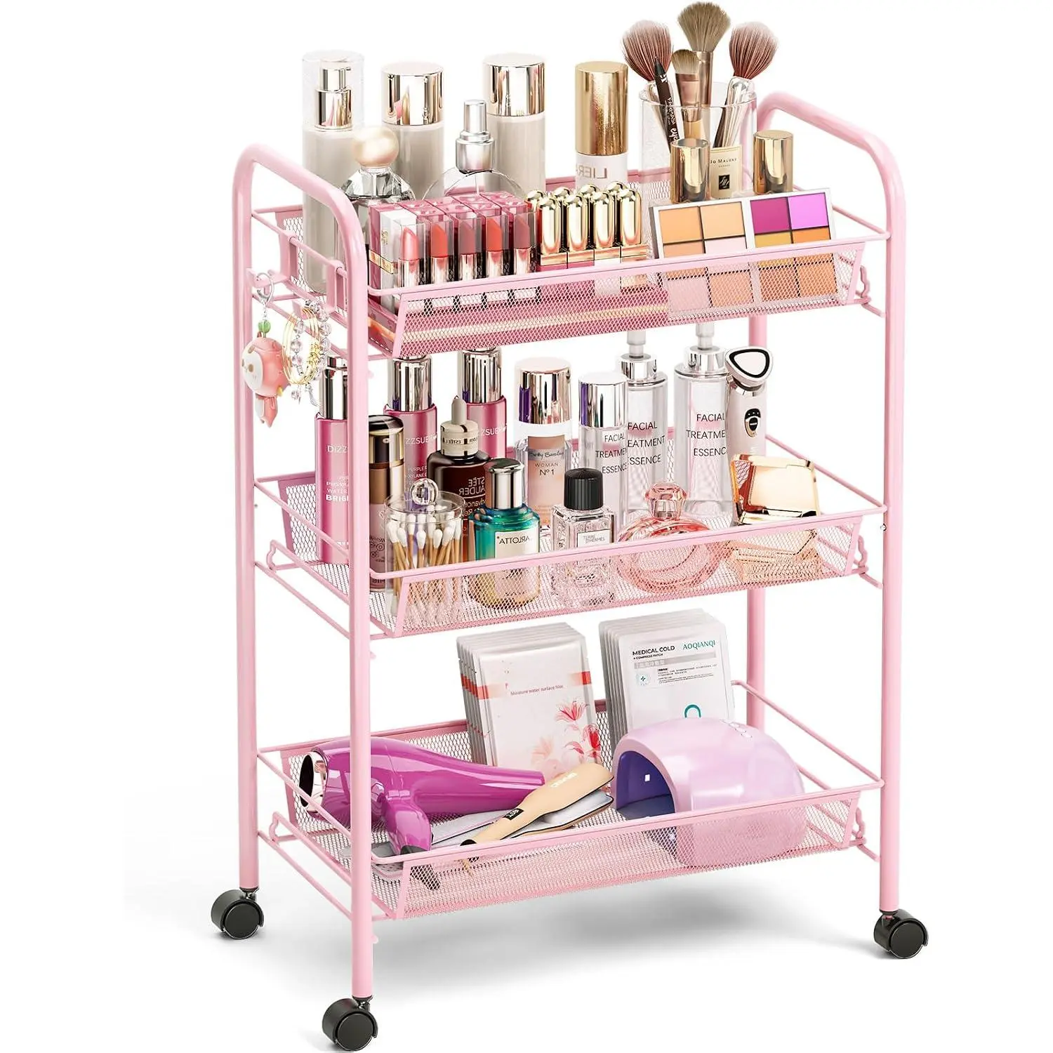 3 Tier Rolling Cart, Metal Utility Storage Cart with Wheels,  | 3 Hooks, Screwless Assembly, Trolley Organizer for Bathroom, Kitchen, Office, , Dorm, Laundry Room