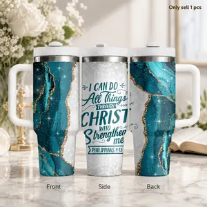 Marble Faith in Christ 40oz Tumbler for Women, Inspirational Bible Verse Stainless Steel Insulated Cup with Handle and Straw, Leakproof Travel Mug for Coffee, Water, Church, Office and Christian Gifts