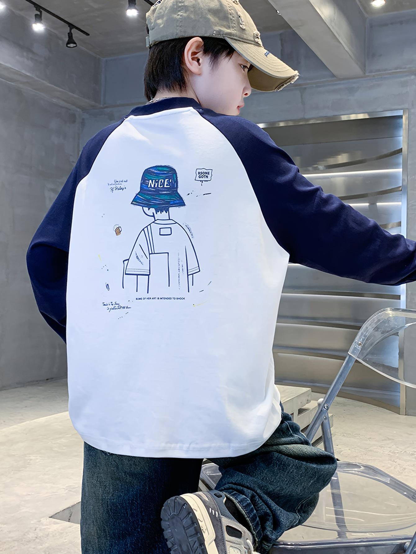 Boys' Long Sleeve T-Shirt with Contrast Color Block & Raglan Sleeves - Oversized H-Line Fit, Round Neck Casual Shirt for Spring/Fall Layering, & Outdoor Play - Easy-Care Kids' Top (White/Black/Navy)(Gift)11