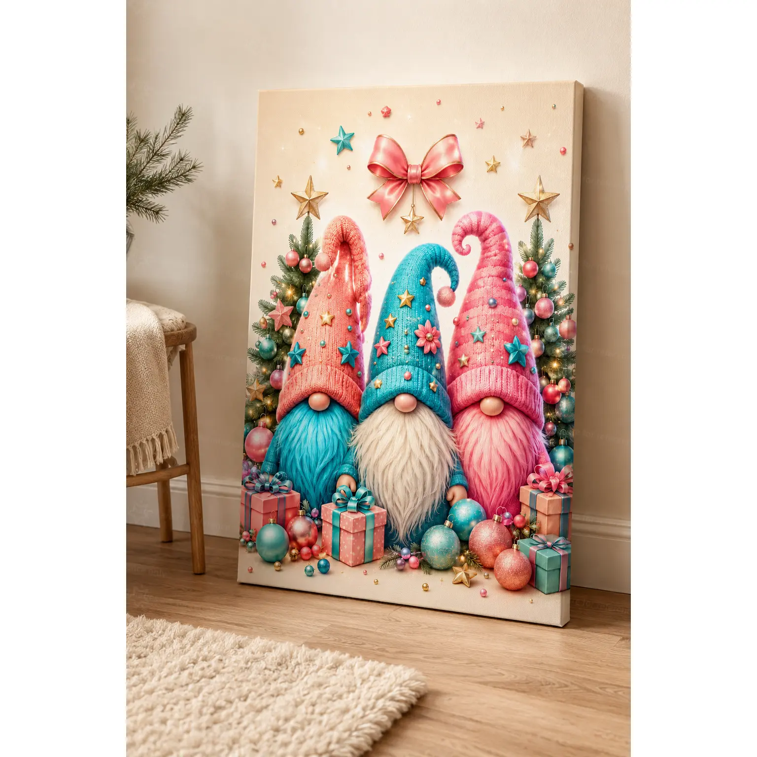 Pastel Pink Blue Christmas Gnomes Gift Tree Wall Art Canvas Poster, Soft Cute Winter Holiday Decorative Poster Prints, Sweet Xmas Wall Decor for Bedroom Living Room Farmhouse Apartment, Available as Unframed Canvas Poster or Framed Canvas Wrap