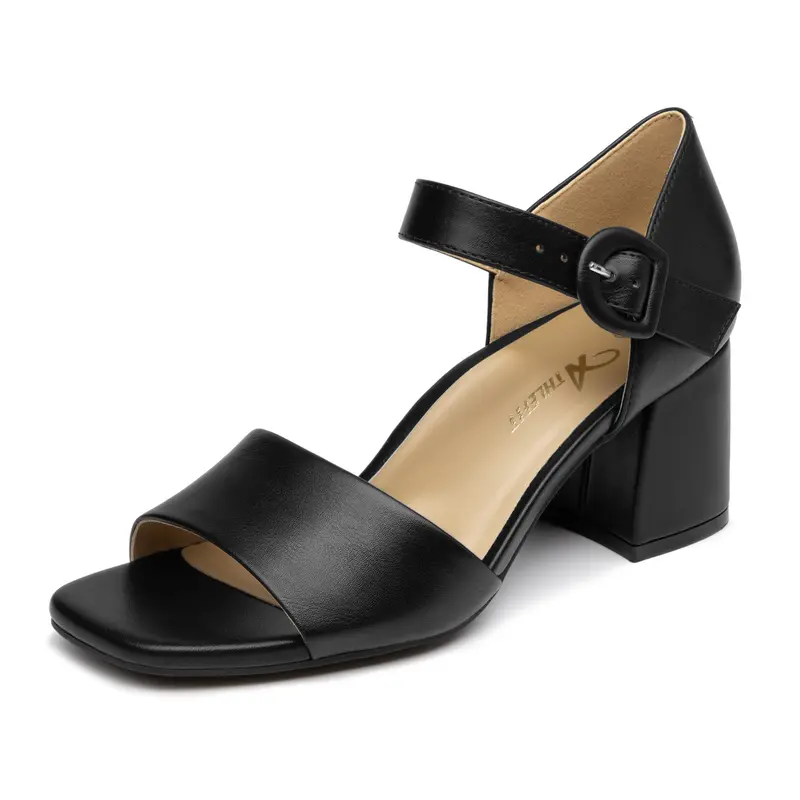 Athlefit Women's Minimalist Comfy Square Toe Heels for Women - 2.36-inch Orthopedic Arch Support Chunky Low Block Heel Sandals, Adjustable Ankle Strap, Slip-On, Breathable, All Seasons Office Work Shoes