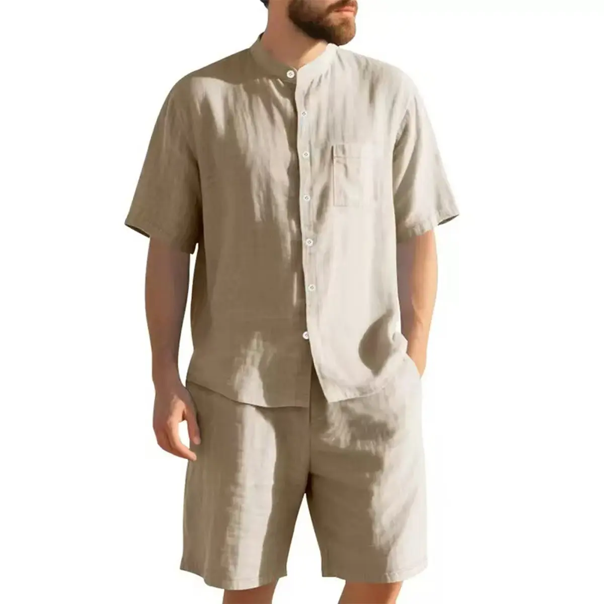 Menswear 2-Piece Small Stand Collar Summer Clothes Set - Short-Sleeve Polyester Fabric Shirt with Chest Pocket, Matching Shorts for Beach Vacation, Casual Street High-End Wear, Shortsleeve