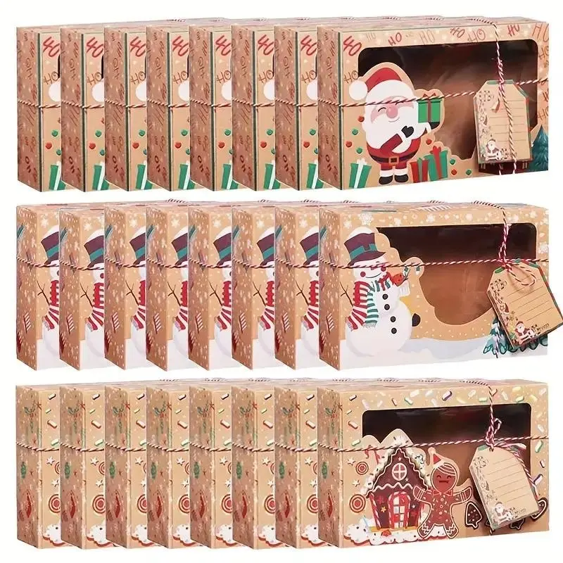 Merry Christmas Box Set, 12/24pcs, Santa & Snowman Designs, Kraft Paper Gift Boxes with Tags & Ribbons, Festive Holiday Decorations