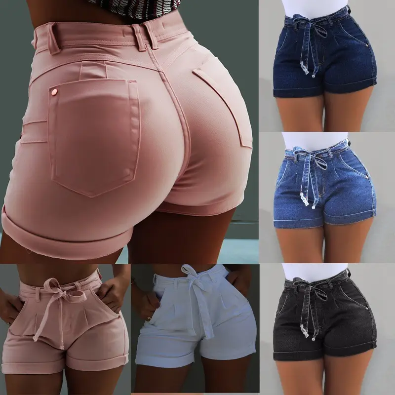 Women High Waist Rolled Hem Denim Shorts Butt Lift Stretch Slim Jeans Shorts With Self Tie Belt Casual Summer Short Pants