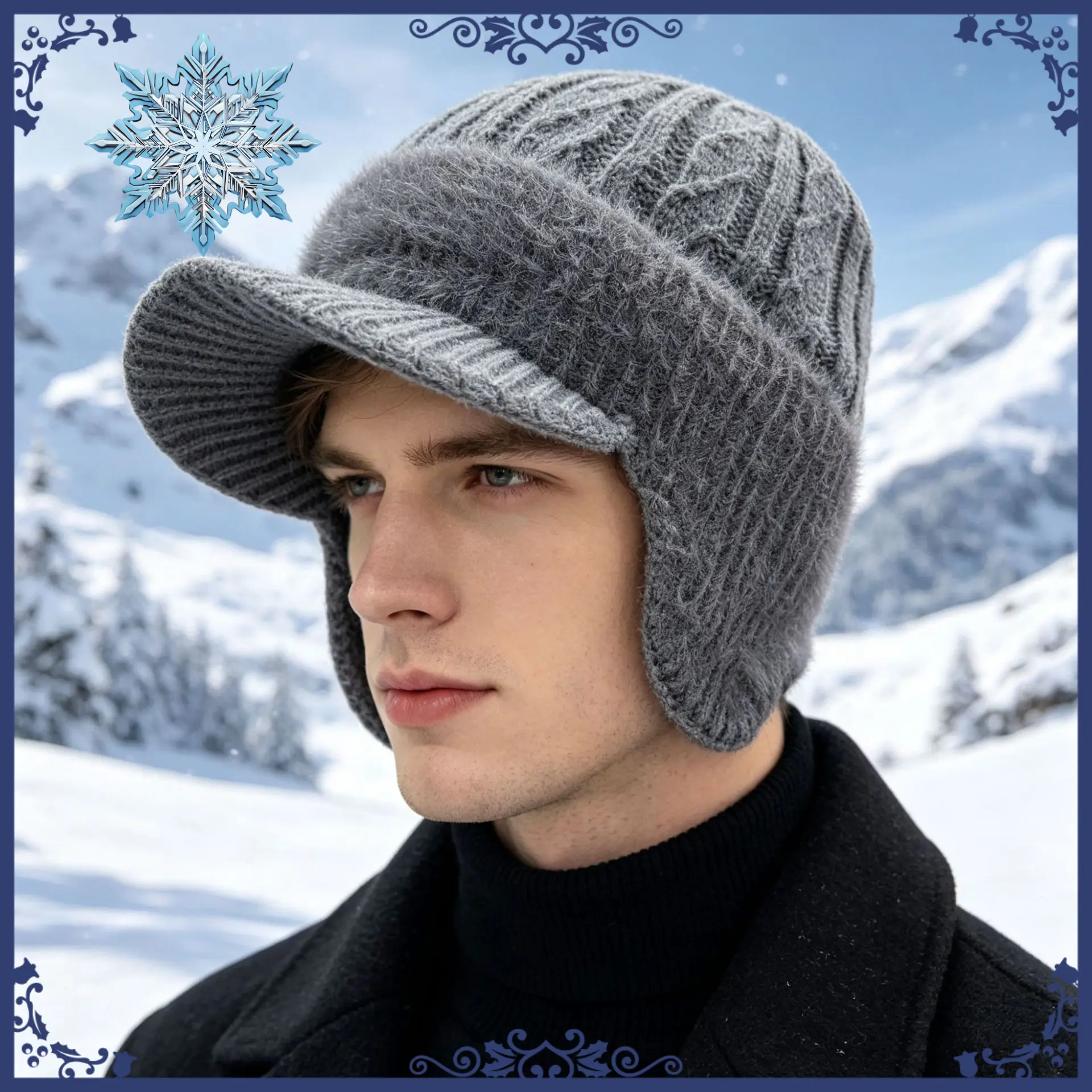 Unisex Winter Knit Visor Hat - Synthetic, Warm Ear Flaps, Soft Windproof Beanie for Casual Outdoor Sports, Fashion Gift for Friends, Grey (Female/Male Fit), One Size Fits All
