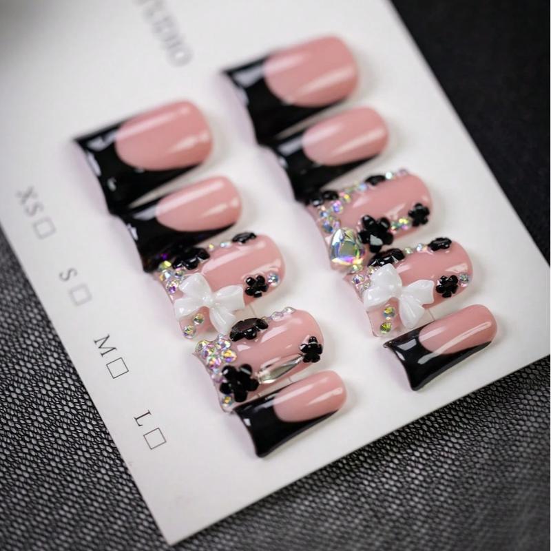 10pcs Y2K Style White Bow Short Duck Nails, Handmade Black Edged French Press-On Nails With Bow, Flower, And Rhinestone Accents, Rhinestone Bow Decorated In Indie Aesthetic, For Daily, School, Or Office, Great Gift For Women And Girls