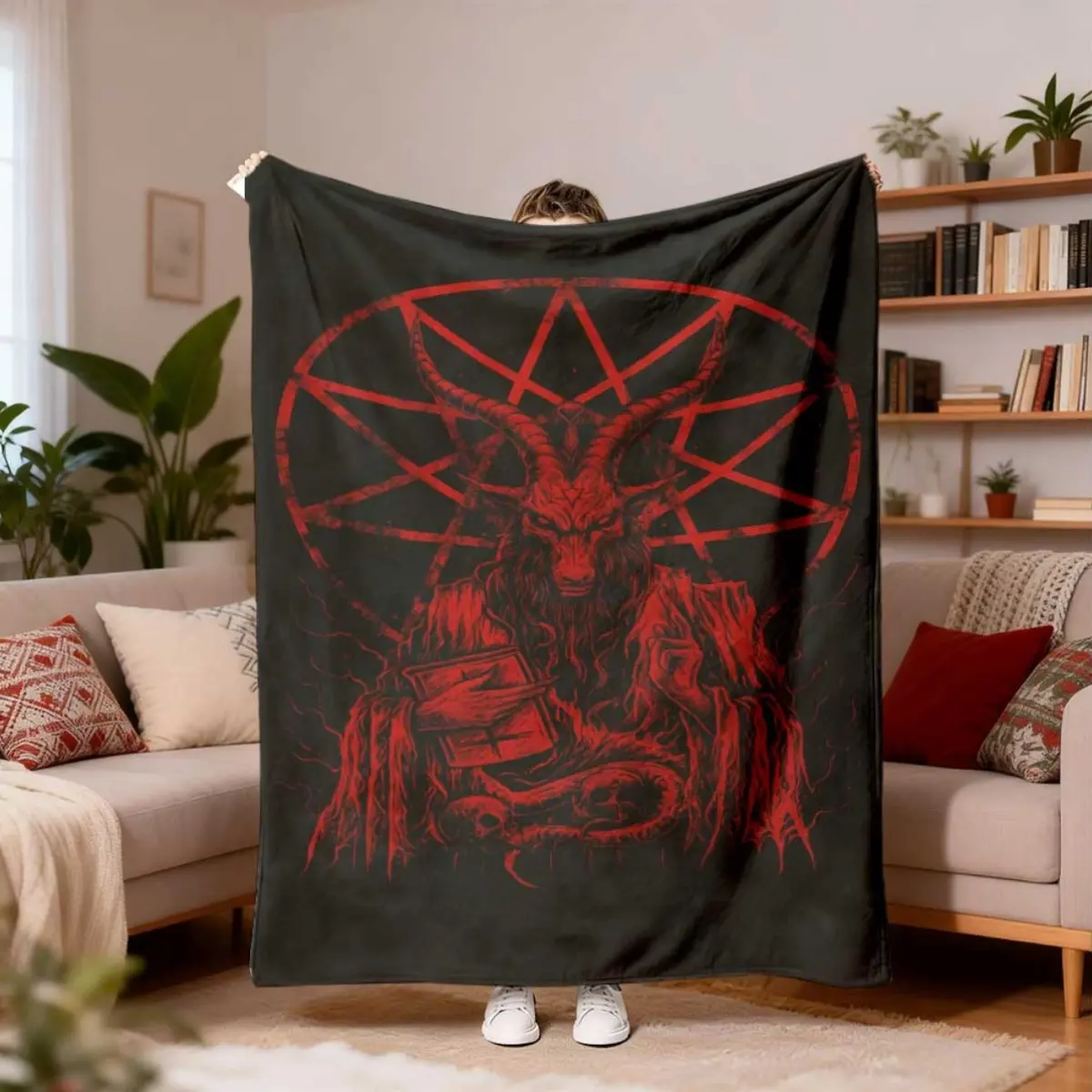 Baphomet Pentagram Red Gothic Dark Art Flannel Throw Blanket Occult Goat Demon Skull Graphic Warm Blanket Gift Goth Fans All Ages