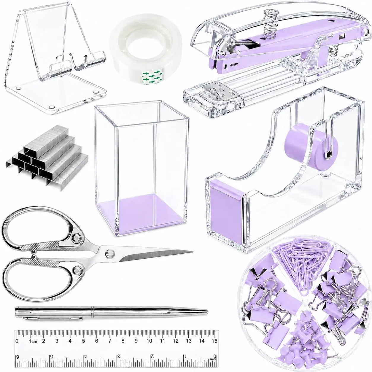 10 count Office Supplies Set, Desk Organizers and Accessories  | Office set includes a stapler, tape dispenser, pens, pen holder, phone holder, ruler, , , clips and tape