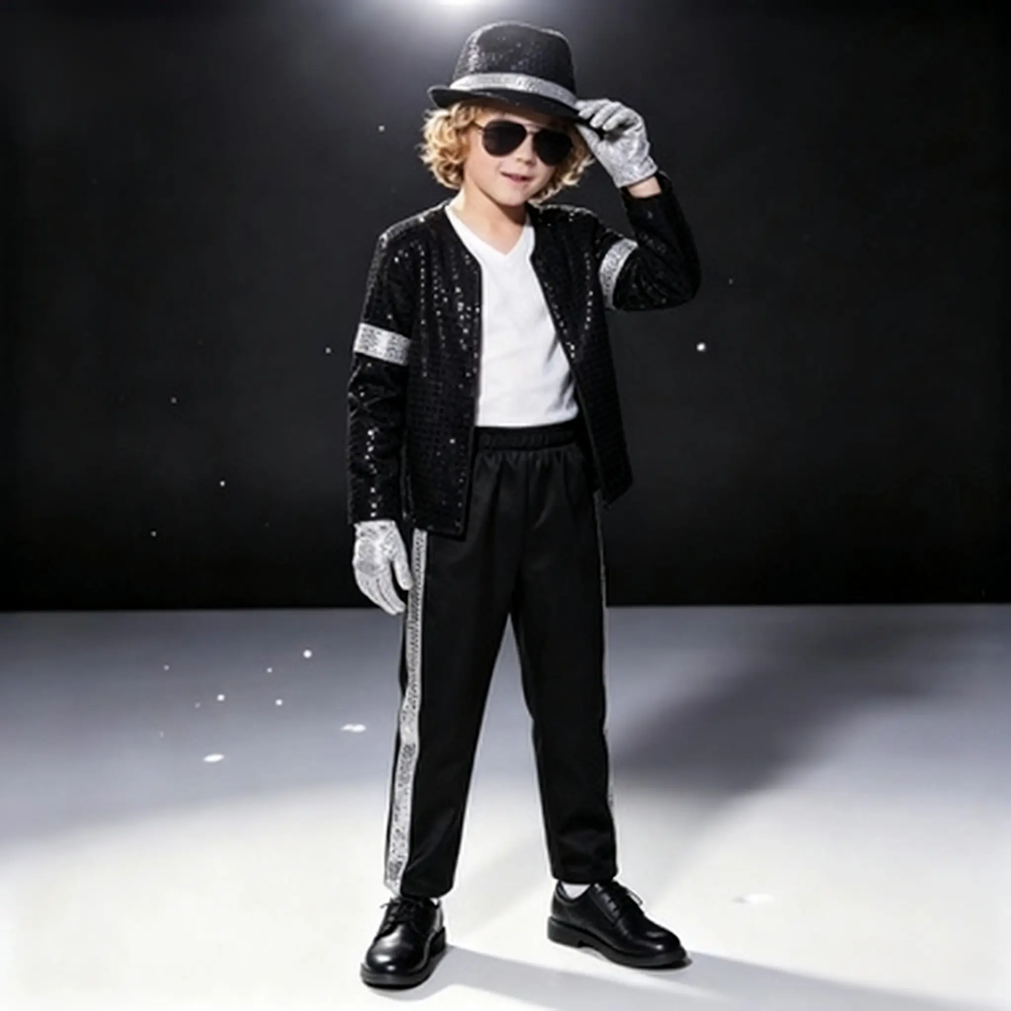 Boys' Michael Jackson Sequin Costume - 80s Pop Star Cosplay Outfit with Hat, Sunglasses & Gloves for Halloween, Stage Performances