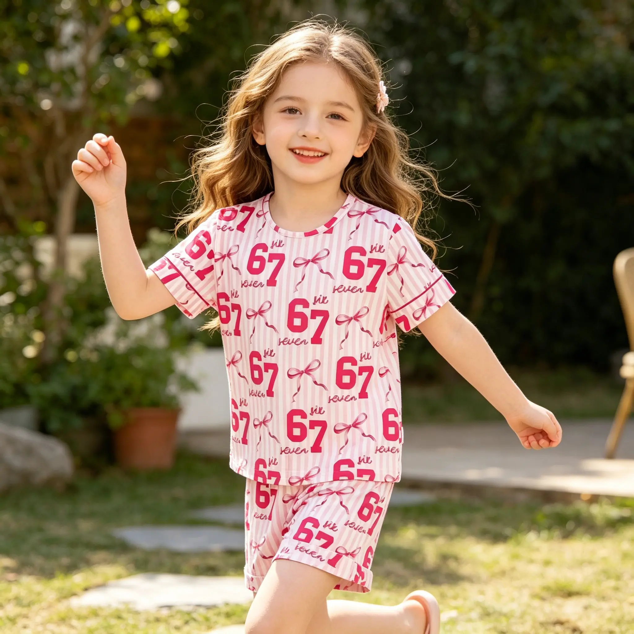 #67 Style Girls' 2-Piece Short-Sleeve Striped Bow-Print Button-Front Child Size Pajama Set, Comfortable Home Sleepwear, Child Size Pajama Sets