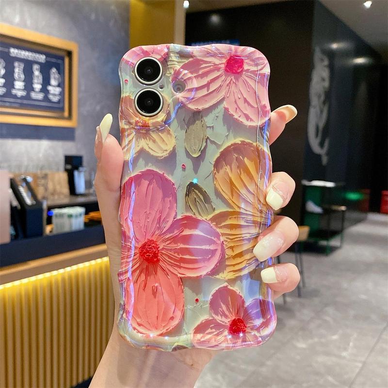 Colorful Retro Oil Painting Floral Case for iPhone 17 16 15 14 13 12 11 Pro Max ,Flower Pattern Cute Curly Wave Frame Phone Case Camera Protection, Soft Protective Cover for Girls & Women