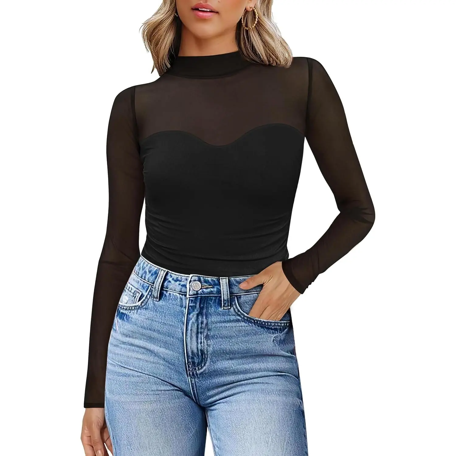 Women's Sheer Mesh Long Sleeve Top, Sexy Ruched Mock Turtleneck with Slimming Compression for Day to Night Outfits, Fabric, Matching, Light