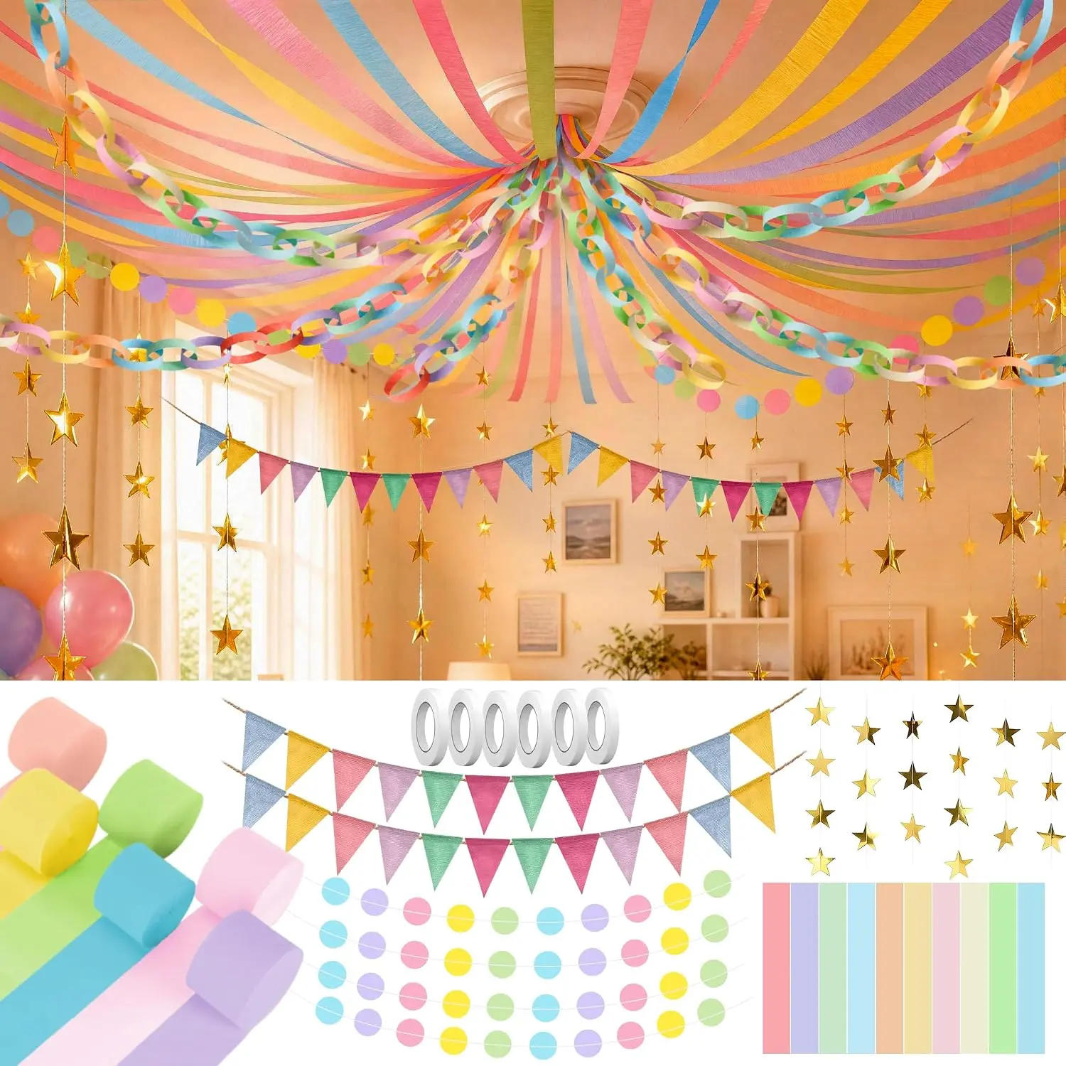 1000 Sheet Paper Chain Strips Garland with 52.4ft Colorful Circle  Paper  Strips Garland 492 ft Rainbow Crepe Paper Streamers for Classroom Birthday Wedding Fancy Nancy Party Decorations