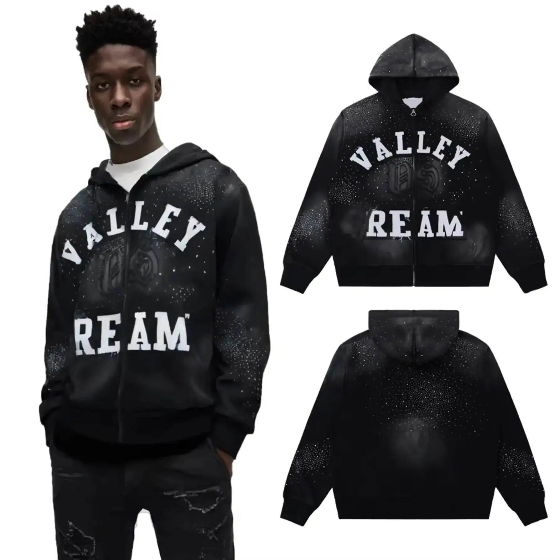 VALLEY Y2K Letter Embroidery Rhinestone Zip Up Hoodie 100% Cotton Heavyweight Loose Oversized Distressed Full Zip Hooded Sweatshirt Hip Hop Vintage Casual Streetwear Jacket Top Men Women,back to school,back to school haul