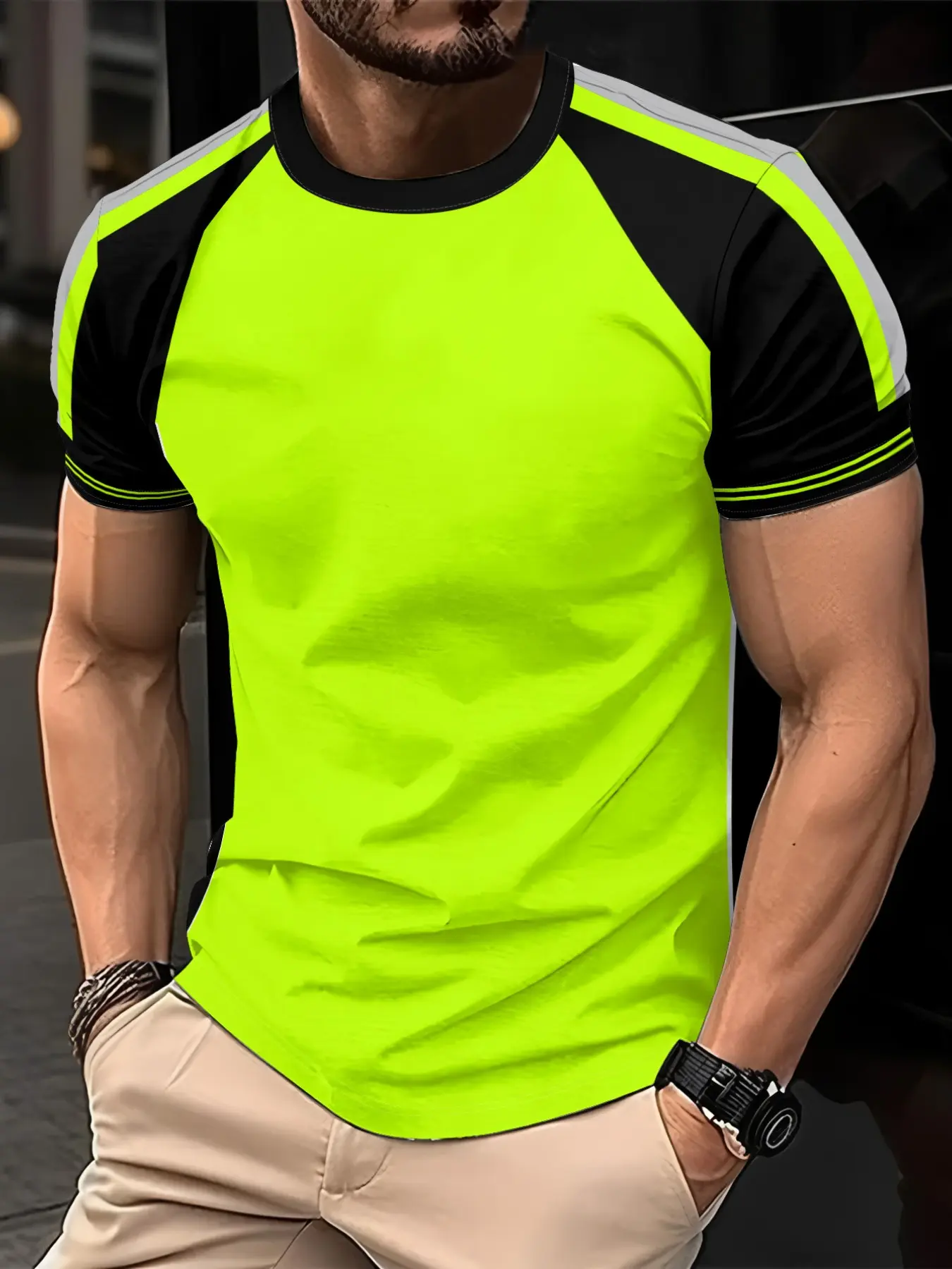 Men's Colorblock Striped Short Sleeve T-Shirt, Round Neck Classic Casual Top, Breathable Fabric, Workwear Style, Streetwear, All Seasons