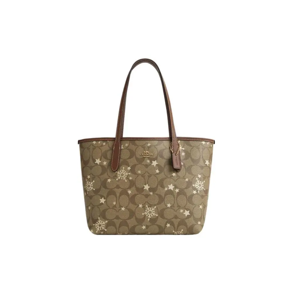 COACH City 23 x Snowflake Print Tote Bag for Women – Classic Monogram, Color-Blocked Leather, Medium, Khaki