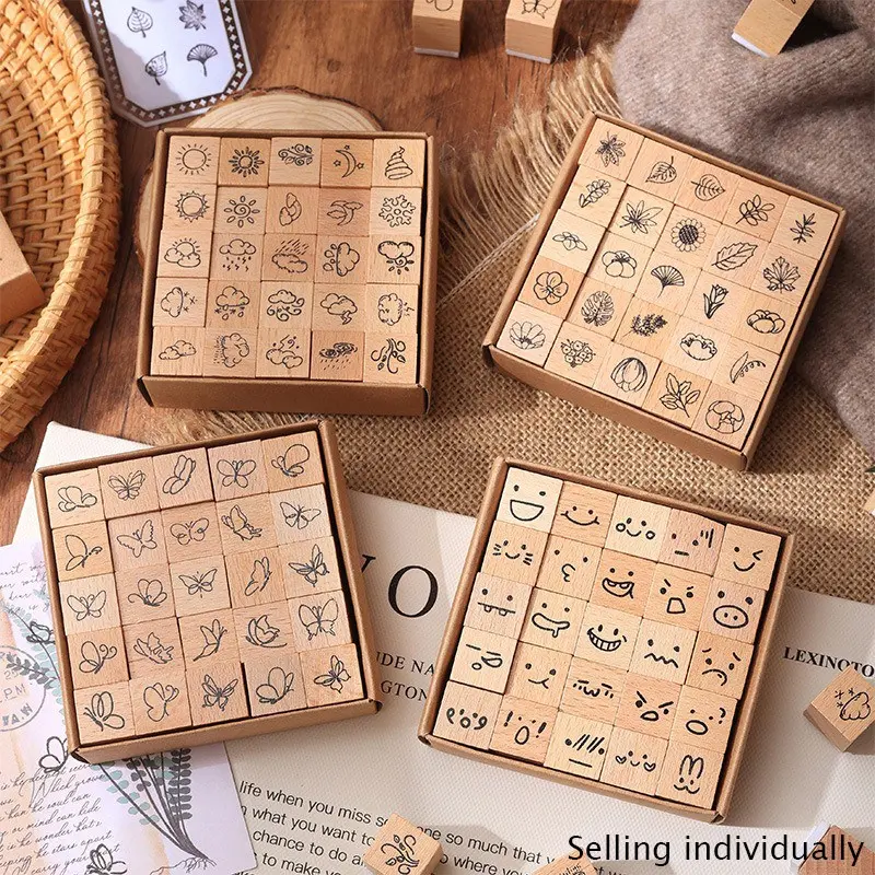 Wooden Stamp Set, Simple and Cute Design, Easy Handling, Animal/weather/smile Patterns, Clear Silicone Ink, Versatile Use, Craft, Ideal for Students and Handmade Enthusiasts