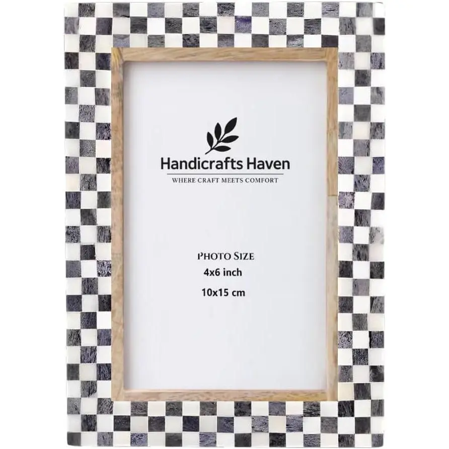 Checkerboard Handmade Bone Inlay Photo Frame - 4x6 in Handmade Craft, Grey-White Tabletop Use Wall/Hanging Home Decor Home Supply