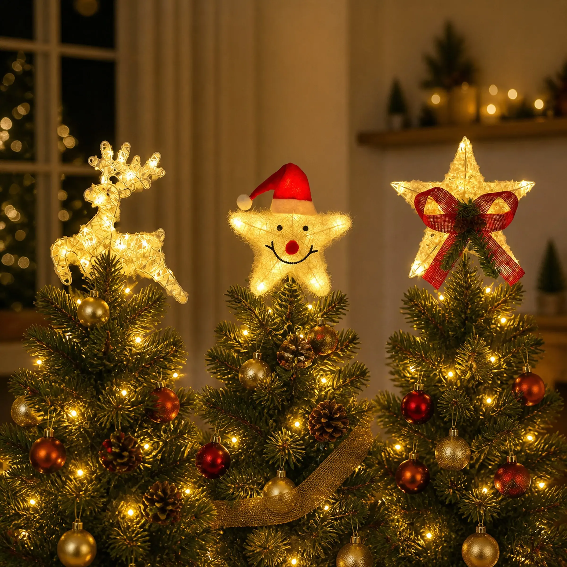 Glowing Five-Pointed Star Christmas Tree Top Decoration, Cotton Wire Powder Stars Light, Battery-Powered Wireless Holiday Decor