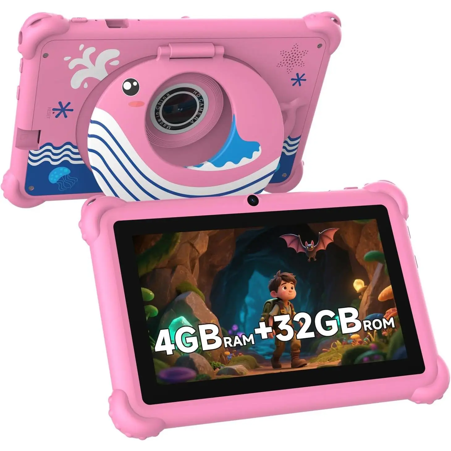 7-inch Kids Tablet for Toddlers, Android 12, 4GB RAM, 32GB ROM, WiFi, Bluetooth, Safe Eye Protection IPS Screen, Parental Controls, Dual Camera, Transparent Case for Education & Gaming (Pink)