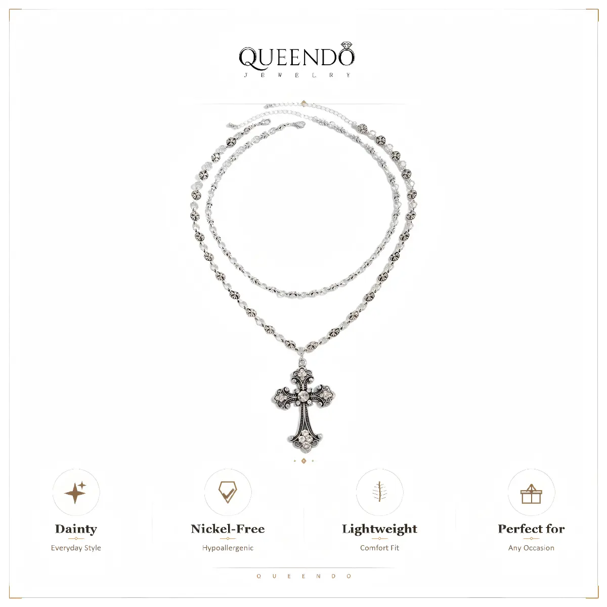 QUEENDO Hip Hop Diamond-Studded Cross Necklacefunky unique accessories non tarnish jewelry