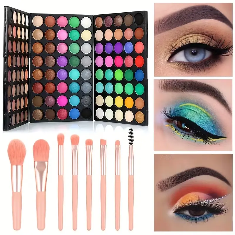 Veronni 2-Piece Eyeshadow Set, 120 Colors Eyeshadow Palette with 8pcs Pink Makeup Brushes Set, Matte Shimmer Highly Pigmented Long Lasting Waterproof, Colorful Eye Shadow Kit for Professional Makeup Or Beginners