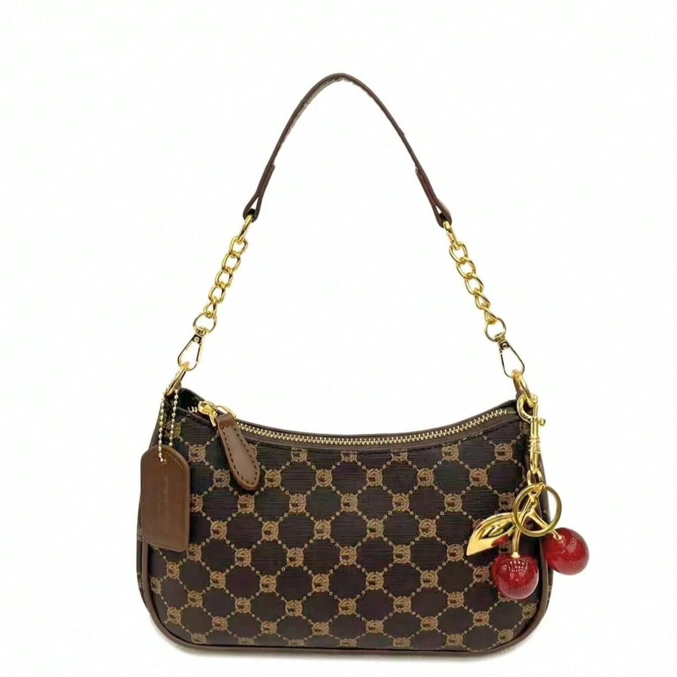 New Fashion Classic Shoulder Bag Versatile PU Waterproof Fabric Letter Pattern Decorative Design Handbag, Solid Color One-Shoulder Crescent Bag Women's Wallet Bag With Cherry Pendant Decoration, Elegant Commuter Bag, Suitable For Shopping, Party