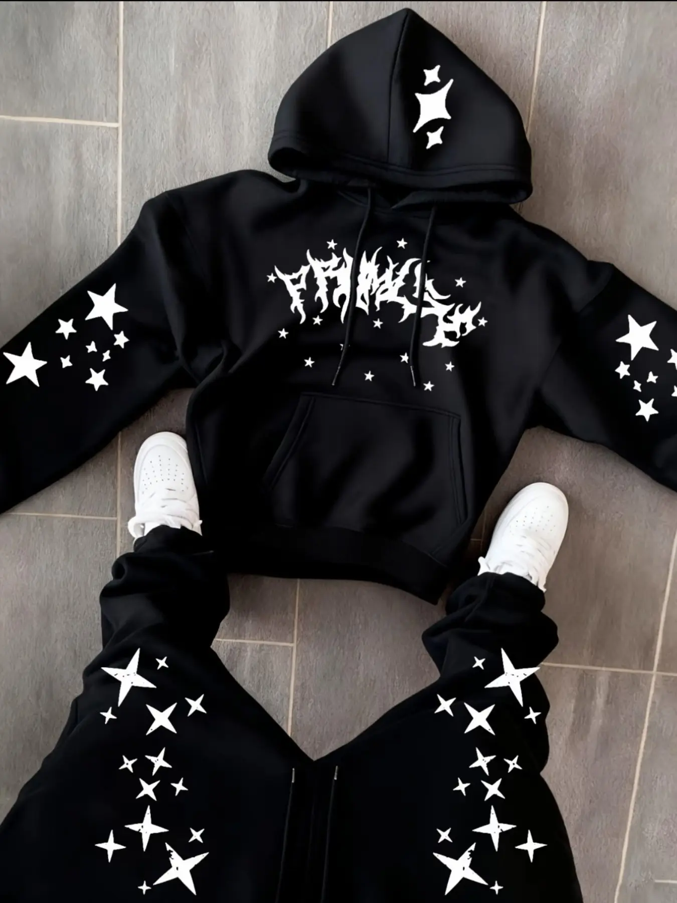 Men's Trendy Versatile Set, Letter Star Pattern Print Hoodie + Outdoor Drawstring Pants, Fashion Casual Outdoor