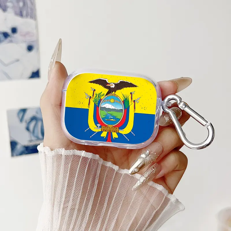 Ecuador's National Emblem Pattern TPU Soft Protective Case for Apple AirPods 4/3/2/1/Pro/Pro2 Transparent Earphone Cover with Keychain Attachment