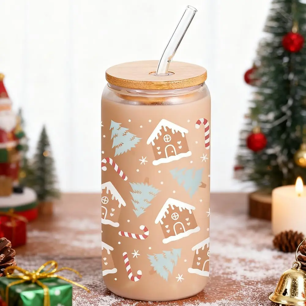 Christmas Stocking Stuffers for Teen Girls, Christmas Gifts for Women - 16oz Cute Christmas Tree/Gingerbread House Cup, Christmas Glass Cups with Lid & Straw, christmas Themed Drinkin Can