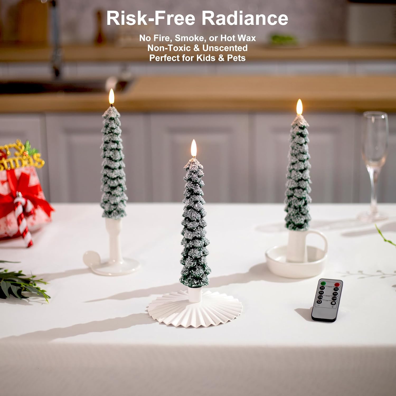 4 count Flameless Christmas Tree Candles with Remote, Snow Covered Real Wax Flameless Taper Candles 9.65 Inch, LED Candlesticks  Operated with  Flickering Flame, Christmas Candles Decor