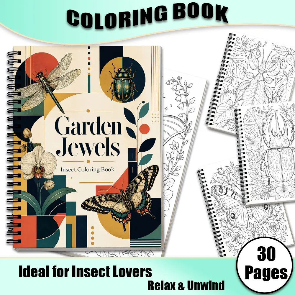 Insect Coloring Book for Adults, Stress Relief & Relaxation, Portable A5 Size, 30 Pages, Thick Paper, Spiral Bound, Single-Sided Printing, Perfect Gift for Birthday, Halloween, Thanksgiving & Christmas