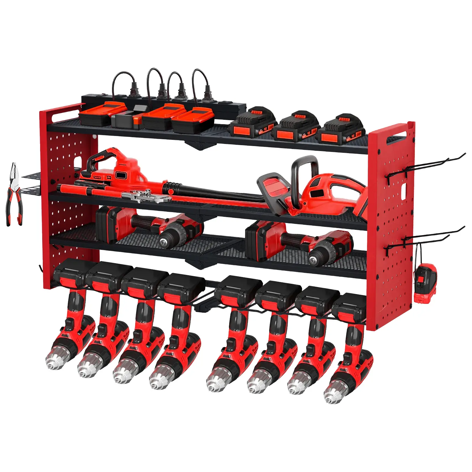 Pegboard Style Power Tool Organizer Wall Mount with Charging Station 4 Tier 8 Drill Holder Garage Storage Rack for Workshop and Tool Storage