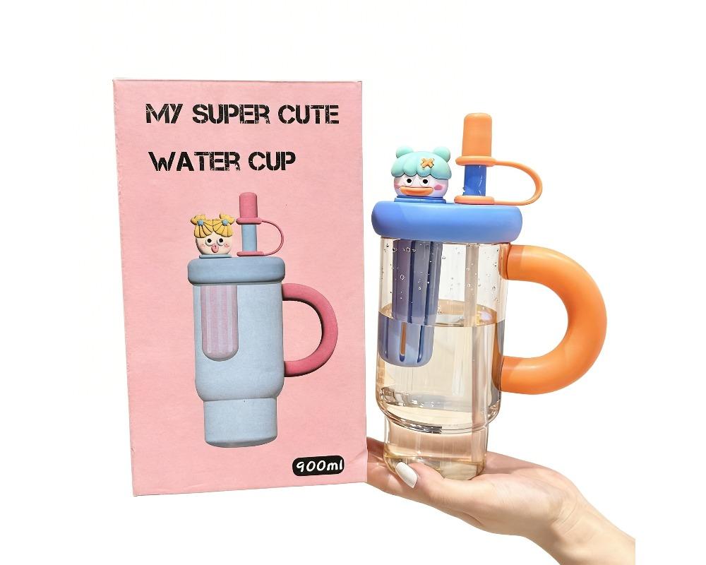 900ml High-Capacity Straw Tumbler Cute 3D Character Lid & Large Handle Portable Water Bottle with Built-in Tea Filter BPA-Free Heat-Resistant Cup for Iced Tea & Coffee Aesthetic Color-Blocking Drinkware