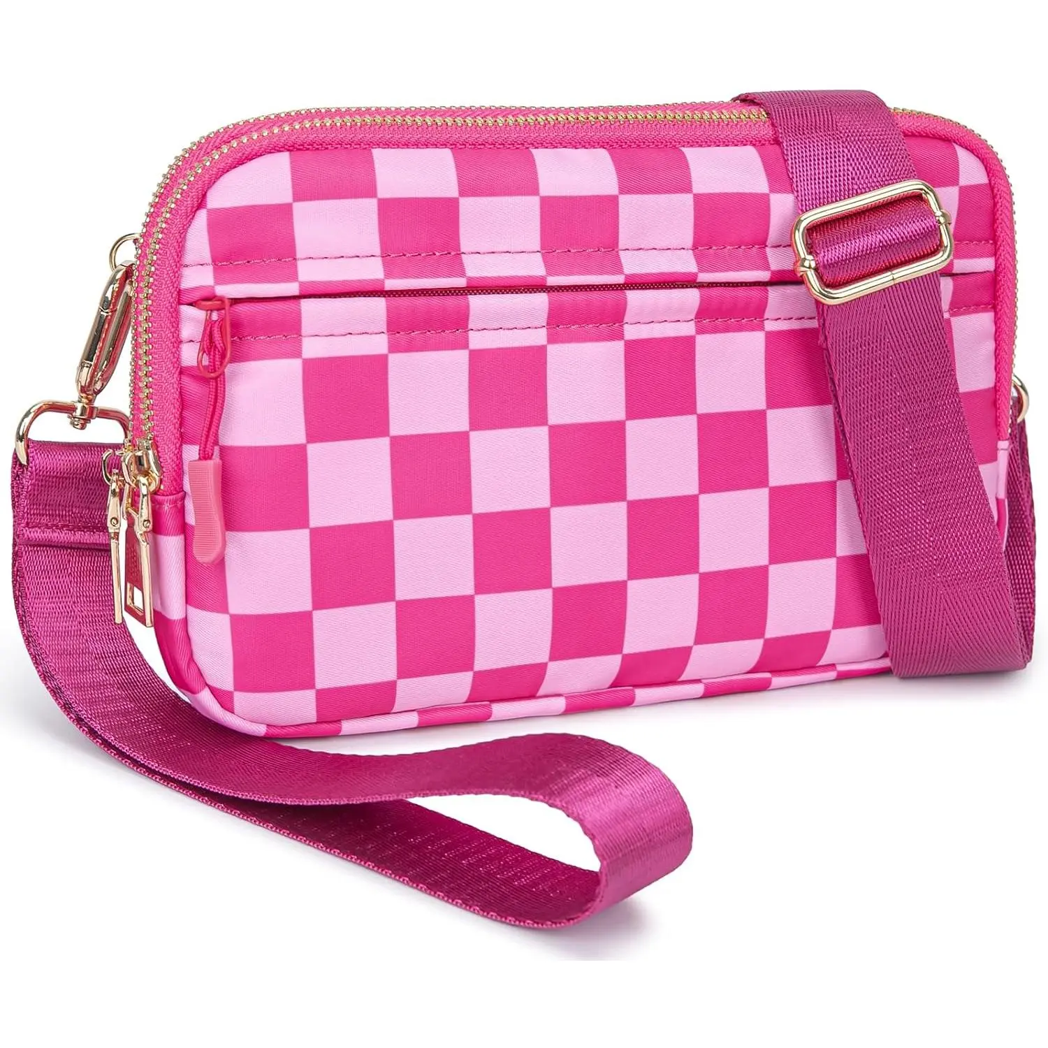 Wristlet Wallet for Women, Checkerboard Nylon Crossbody Bag - Lightweight, Water-Resistant, 4 Compartments