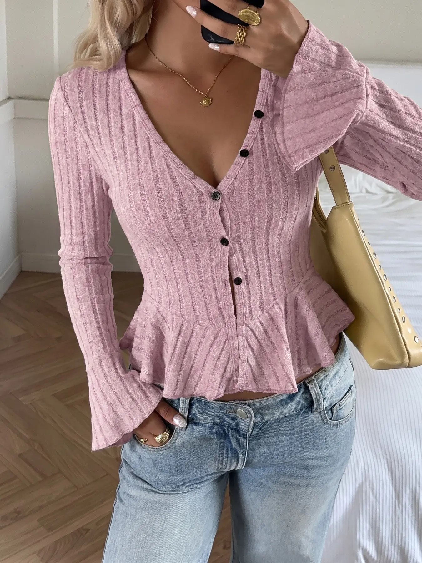 Women's V Neck Button Down Ribbed Knit Long Flare Sleeve Peplum Hem Slim Fit Cardigan Top Y2K Coquette Streetwear, Chic, Viral TikTok Fashion Essential for Daily Errands, Coffee Dates, Casual Outfits