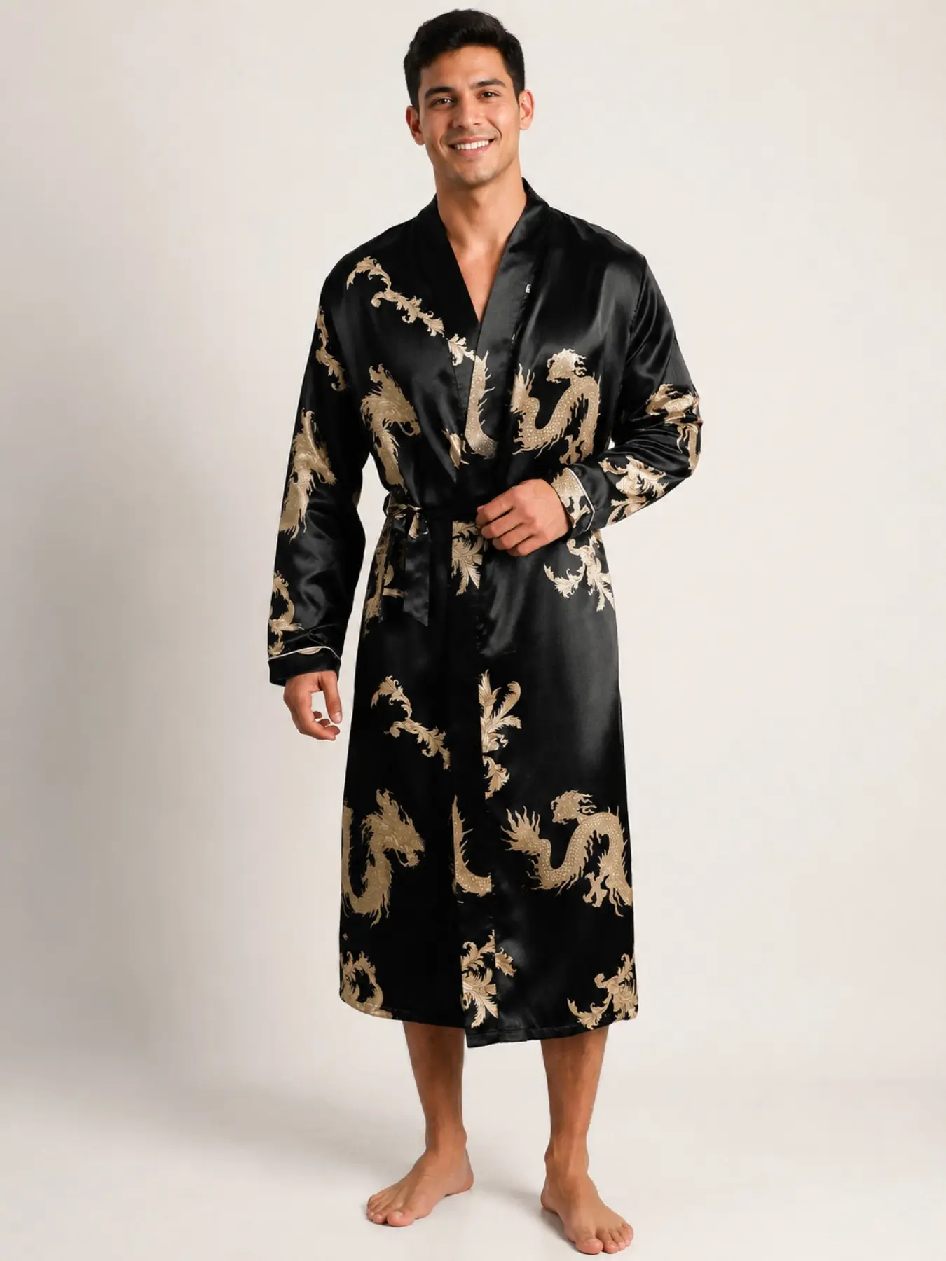 Men's Gold Dragon Print Satin Feel Long Sleepwear, Long Sleeve Tie-Back Loose Home Robe, Comfortable and Stylish Nightgown