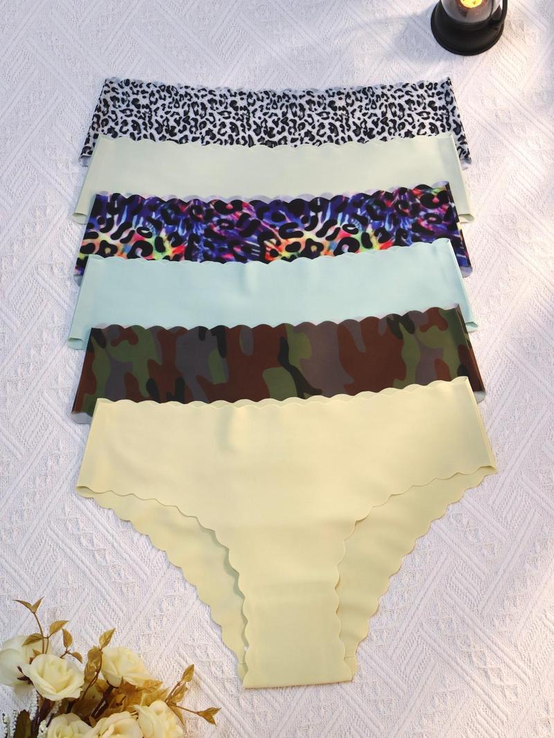 Women's Plain/Leopard Print Scallop Trim Knicker, Soft Comfy Breathable Drop Waist Panty for Daily Wear, Ladies Underwear for All Seasons
