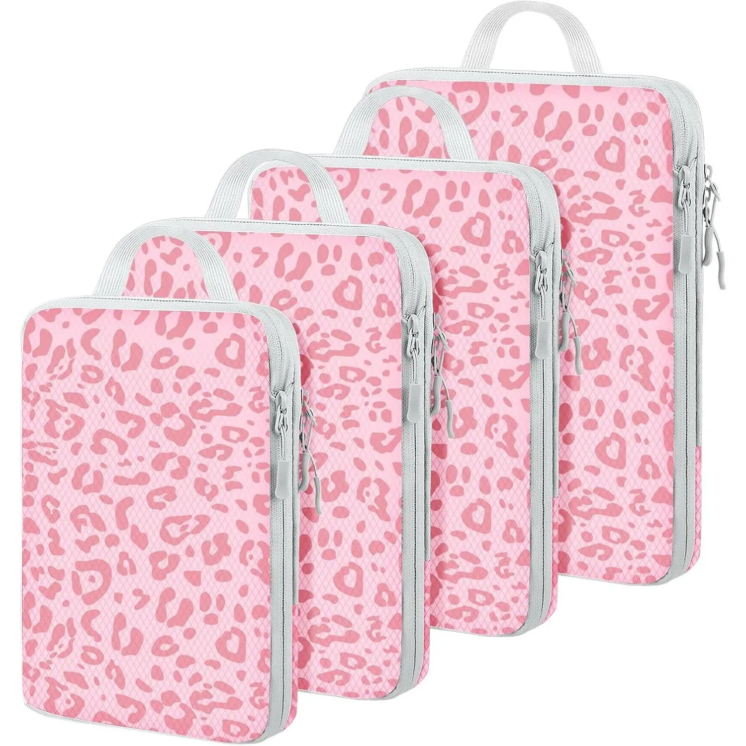 4 Set Compression Packing Cubes For Travel Bags Organizer For Luggage Suitcase Organizer, Compression Bags For Travel Accessories Luggage Storage Set (4 Pcs, Pink Leoparda)
