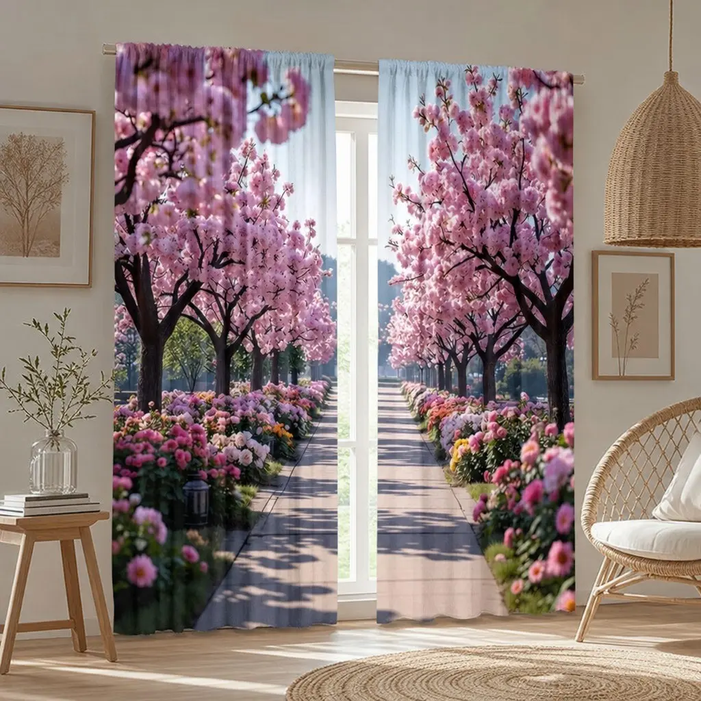 2-Pack Cherry Blossom Path Curtains, Sakura Tree & Garden Walk, Floral Print, Semi-Transparent, Curtains Sheer, Ideal for Bedroom, Living Room, Girl's Room