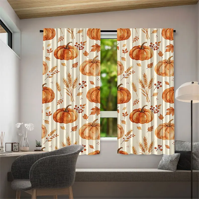 2 Piece Country Style Autumn Harvest Pumpkin Wheat and Maple Leaf Curtains, Halloween Decor, Semi-Transparent, Living Room, Bedroom, Kitchen