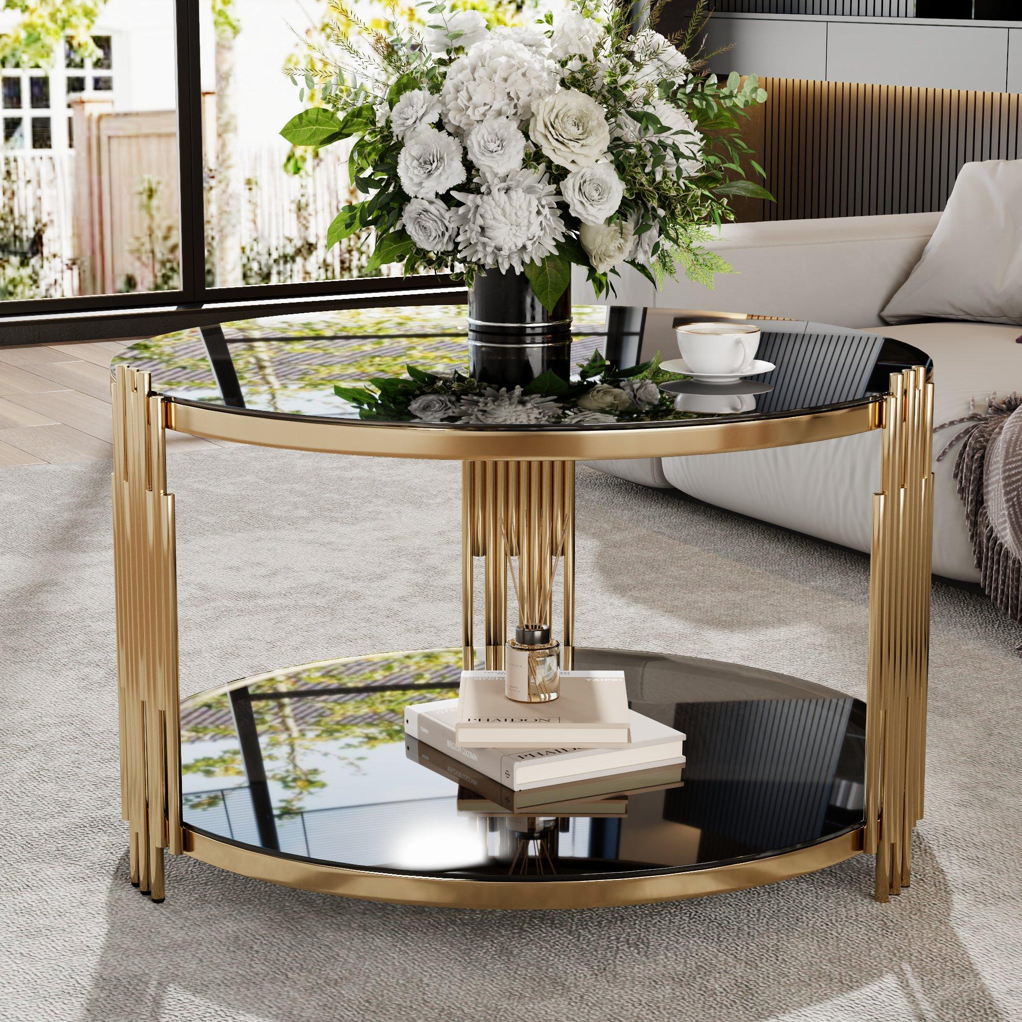 Bellemave Modern Black Mirror Coffee Table with Asymmetrical Metal Structure Gold Finish Lower Shelf Storage Round Gaming Desk Foldable Design Bellemave Modern Black Mirror Coffee Table with Asymmetrical Metal Structure Gold Finish Lower Shelf Storage Round Gaming Desk Foldable Design