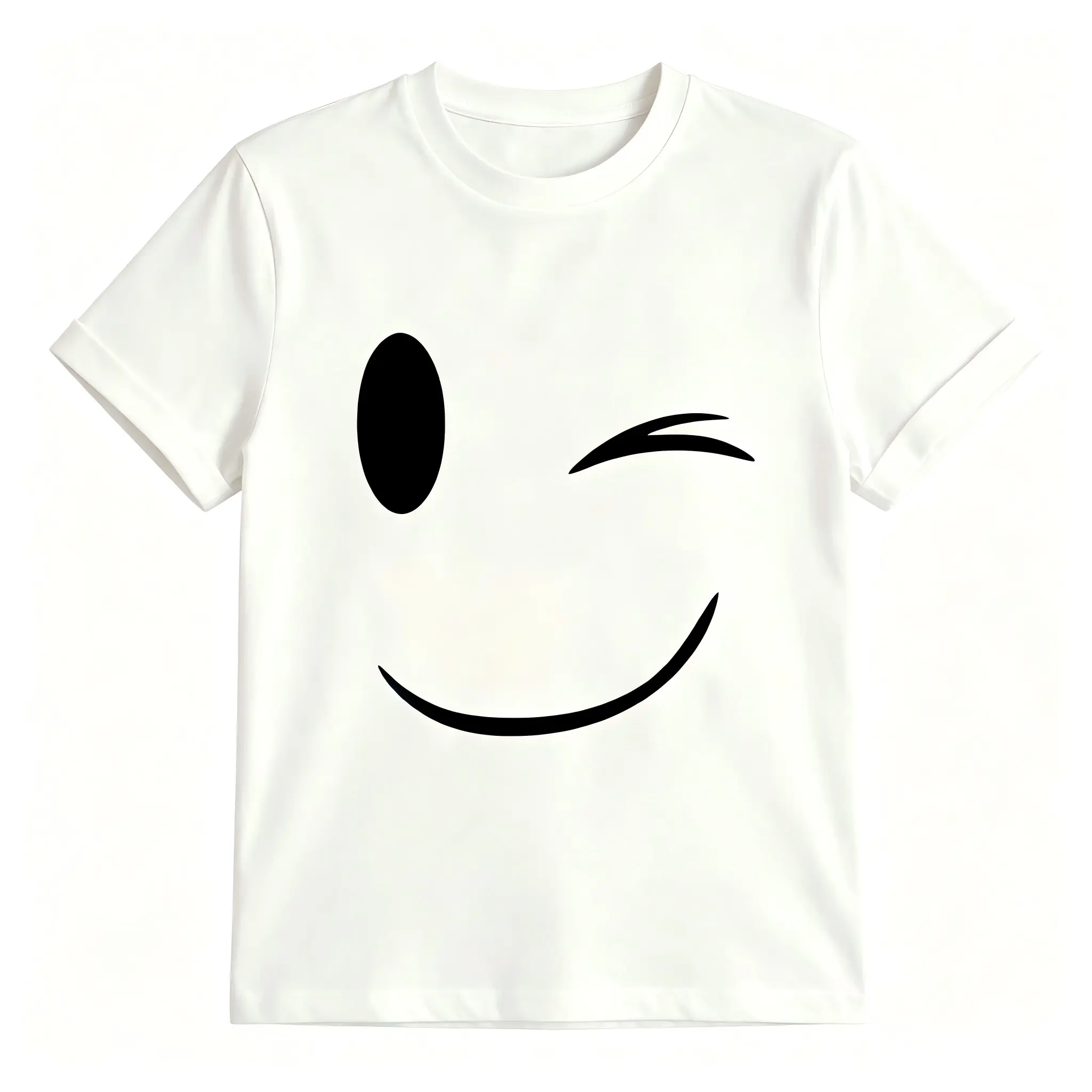 Women's Short Sleeve Crew Neck White T-Shirt - Cute Black Minimal Winking Smiley Face Emoticon Graphic, Casual Everyday Fashion Tops for Ladies (Womenswear)
