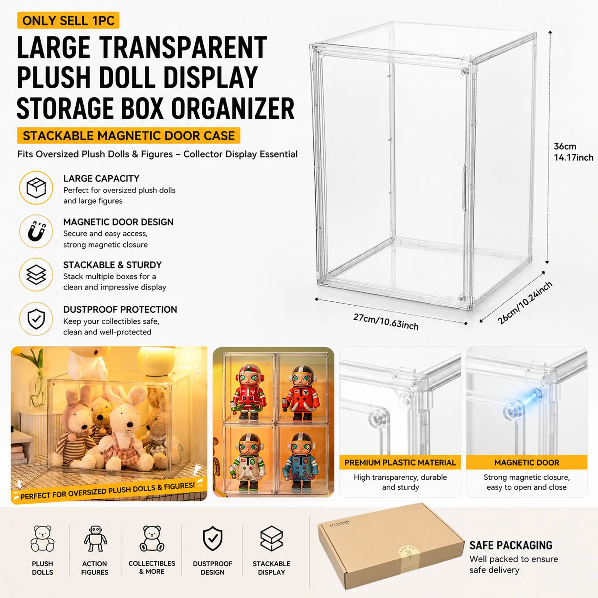 Extra Large Clear Display Case for Plush Dolls & Large Figures, Stackable Transparent Storage Box with Magnetic Door and Dustproof for Oversized Collectibles